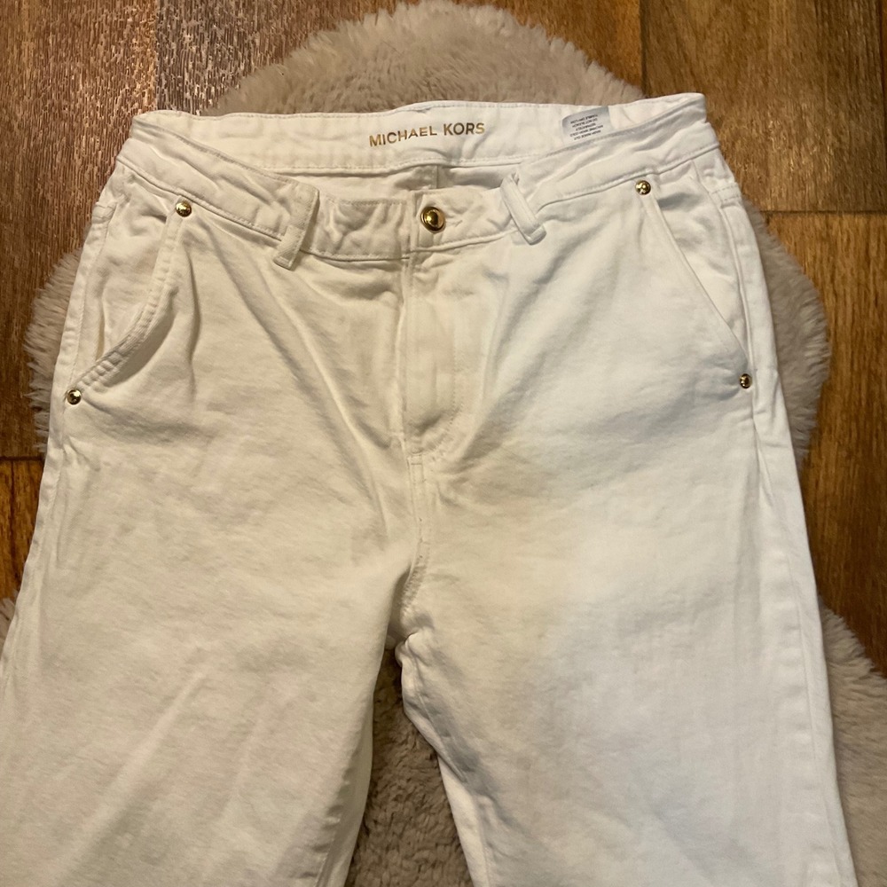 Michael Kors Denim Jeans Size 10 White Bootcut Women Gold Detail - Picture 2 of 8